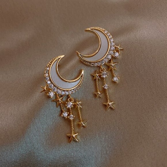 Jewelry - Gold Moon + Star Crystal Tassel Stud Earrings